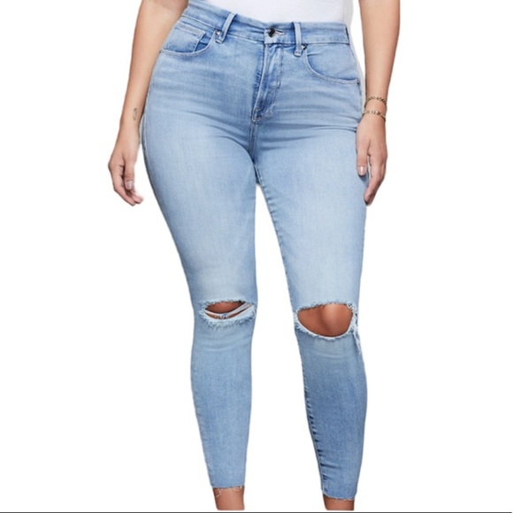 NEW Good American Good Waist Crop Fray Hem Distressed Knees Blue Wash Jeans NWT - Picture 4 of 9